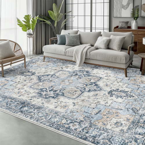 KUETH Modern 6X9 Area Rugs for Living Room, Non Slip Machine Washable Retro Rugs, Low Pile Chenille Print Rug for Bedroom, Dining Room, Home Office, Blue