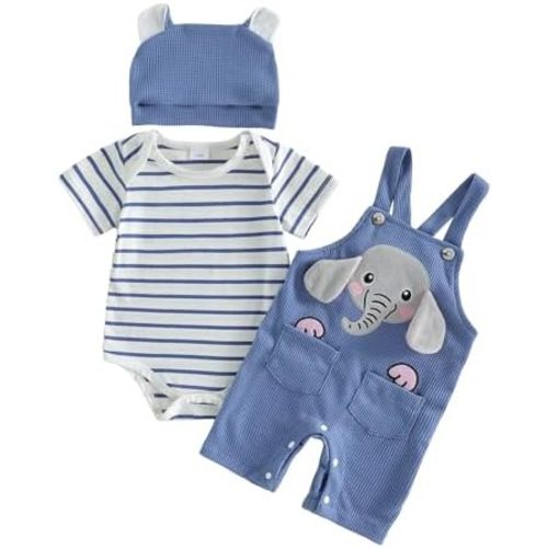 Newborn Baby Boy Summer Clothes Stripe Short Sleeve Romper Suspender Pants Hat 3Pcs Set Cute Coming Home Outfit