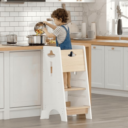 COSYLAND Adjustable Toddler Tower, Wooden Kitchen Step Stool Helper, Standing Tower with 3 Heights, Natural & White