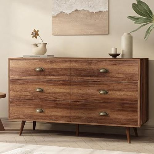 Walnut 6 Drawer Dresser for Bedroom, 47" Wood Dresser with Gold Handles.