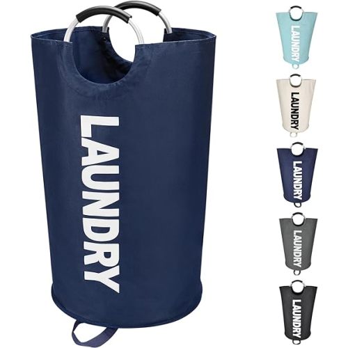 90L Large Laundry Basket, Freestanding Tall Clothes Hamper, Collapsible Laundry Bag, Dark Blue
