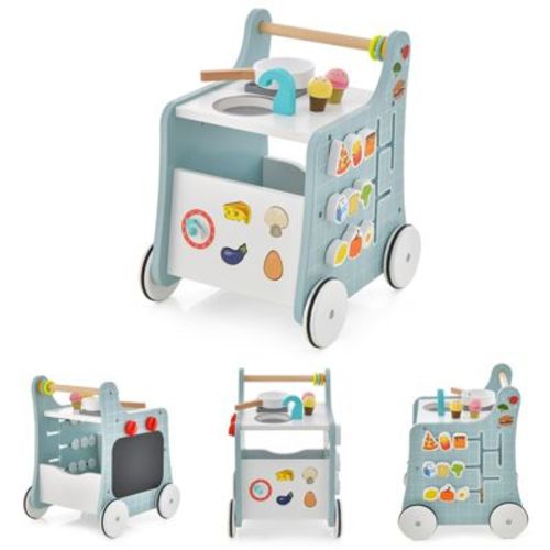6-in-1 Wooden Baby Push Walker with Play Kitchen Toy Storage and Activity Board