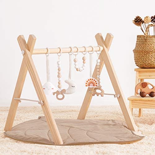 little dove Wooden Baby Gym with 6 Gym Toys Foldable Play Gym Frame Activity Gym Hanging Bar Baby Developmental Toy Montessori (Gym with mat)