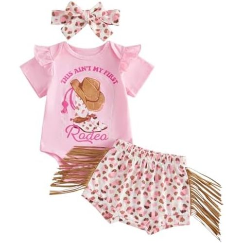 Madjtlqy Western Baby Girl Summer Clothes My 1st Rodeo Short Sleeve Romper Shorts Headband Set Cute Infant Cowgirl Outfits