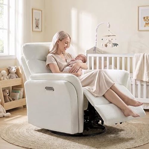 Power Nursery Glider Rocking Chair, Oversized 270° Swivel Recliner Chair with USB & Type-C Ports, Soft Chenille Upholstered Nursery Chair for Living Room, Bedroom, Nursing