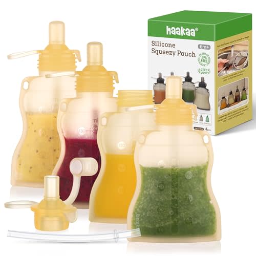 haakaa Silicone Refillable Squeezy Baby Food Yummy Pouch Homemade Organic Food for Babies/Toddlers/Kids, 4 Pack 4 oz, Banana,6 m+