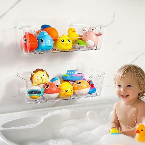 Bath Toy Storage Organizer 2 Pack, Transparent Bath Toy Holder with Drain Holes, Durable Plastic Bathtub Toy Storage for Bathroom, Quick-Dry Drainable Shower Caddy, Easy to Clean and Install