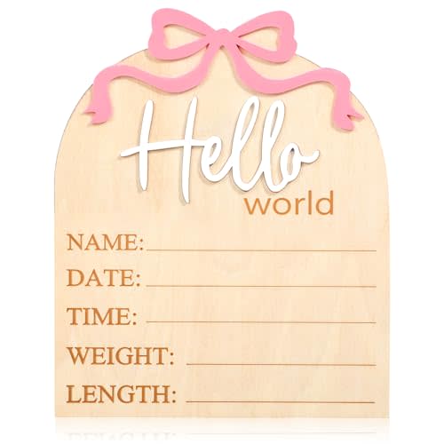 Piriuuo Hello World Newborn Sign, 5.9in Welcome Baby Sign- 3D Pink Bow Birth Announcement Sign for Hospital Hello World Plaques for Photo Props Baby Shower Hospital Nursery