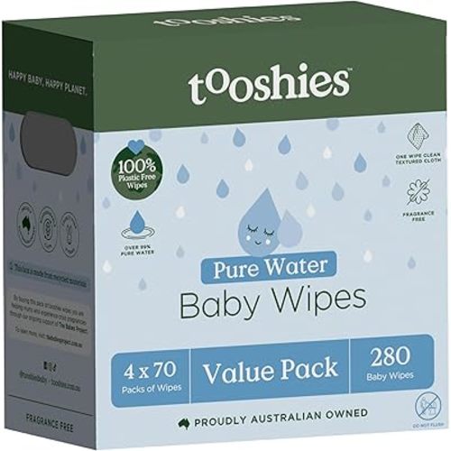 Tooshies Wipes | Pure Water Wipes | 100% Plastic Free | Biodegradable | Fragrance Free | 4 x 70pk (280 Wipes)