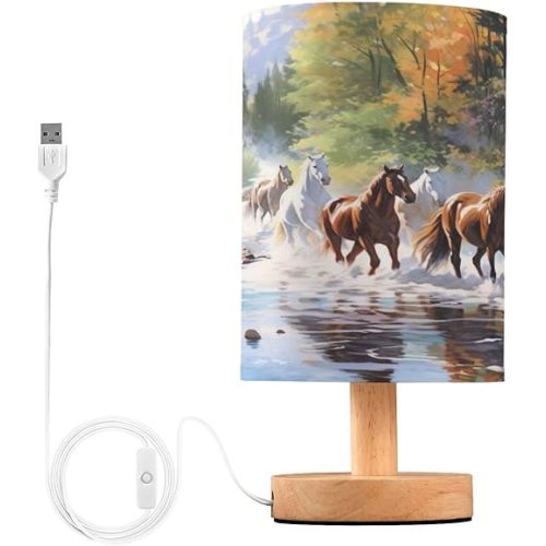 Qilmy Bedside Table Lamp,Running Horses Nightstand Lamp with USB Ports Bedside Lamp,Small Desk Lamp for Living Room Bedroom Home Office