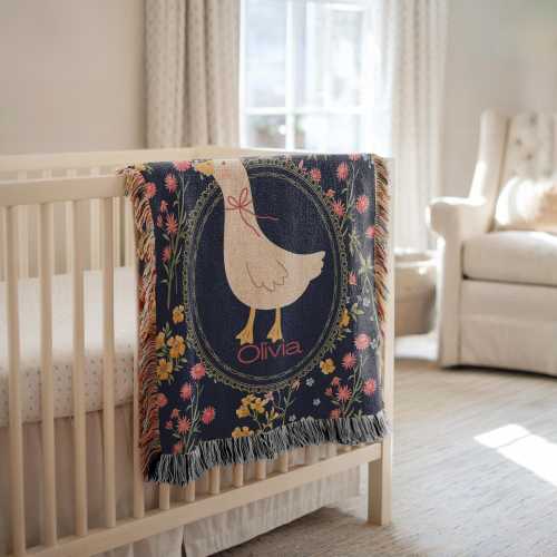 Personalized Floral Goose Baby Blanket, Baby Goose Woven Blanket, Goose Nursery Decor Custom Baby Blanket Floral Baby Shower Goose Baby Gift