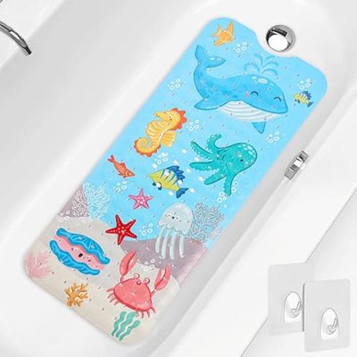 PRATIQUE Kids Bath Mat for Tub Non Slip,40 X 16 Inch Extra Long Kids Bathtub Mat Ocean Bathtub Shower Mat Safety Anti Slip with Suction Cups and Drain Holes, Machine Washable(Blue Whale)