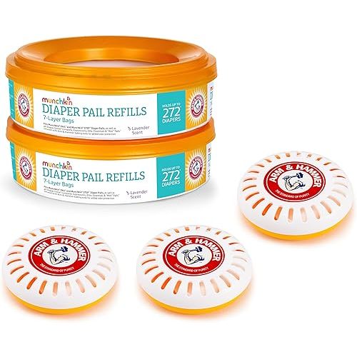 Munchkin® Arm & Hammer Diaper Pail Refill Rings, 544 Count, 2pk (272 Count Each) and 3pk Puck Baking Soda Cartridge