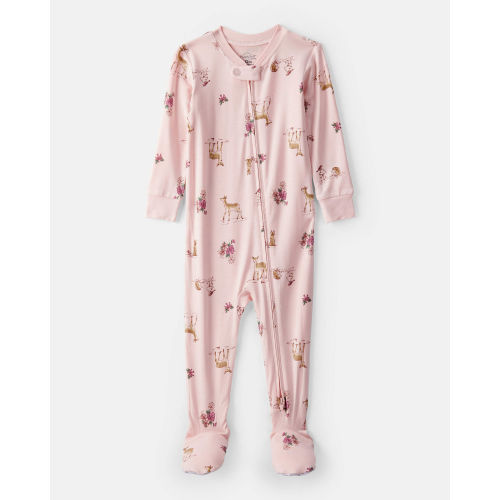 Baby Girl Deer & Floral Print PurelySoft Long-Sleeve 2-Way Zip 1-Piece Pajamas - Pink - Carter's | Carter's