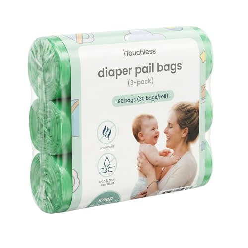 iTouchless Universal Diaper Pail & Trash Can Refill Bags (90 Count) - Heavy Duty & Tear-Resistant Nursery Liners - Fits Most Systems & Small Bins - 3 Pack - Stop Expensive Refills - Odor-Lock Strength