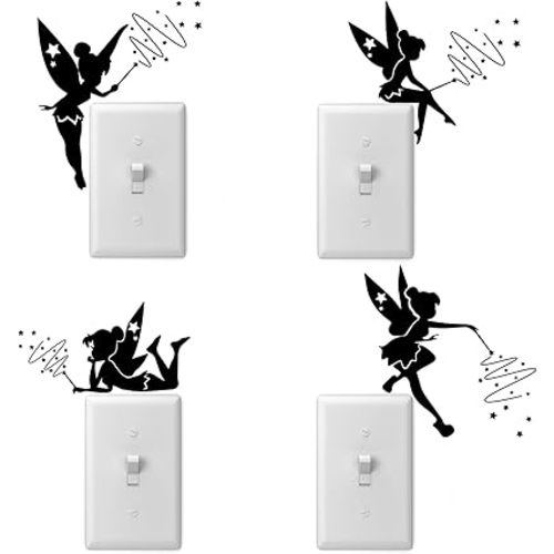 Tinkerbell Lightswitch Vinyl Decal Sticker, 4 Pack Fairy Sticker for Light Switch, Outlets or Any Ledge, Removable Cute DIY Mural Wallpaper Wall Laptop Computer Vehicle Bedrooms or Nursery (Black)