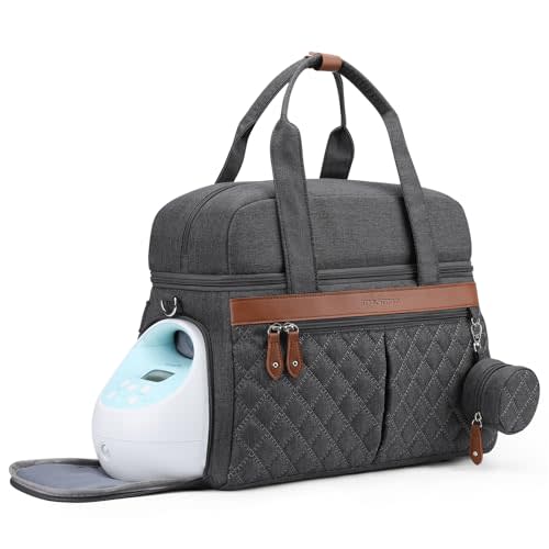 Breast Pump Bag, Diaper Bag Tote with 4 Cooler Pockets, Double-Layer Work Bag for Breastfeeding Mom fit 15'' Laptop