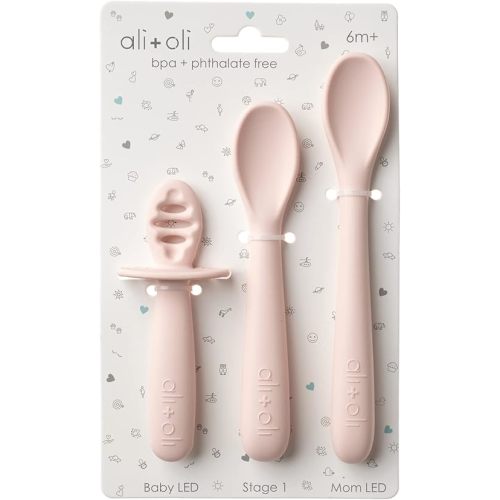 Ali+Oli (3pc) Silicone Spoon Set for Baby (Blush) Unbreakable Baby Spoons, Self Feeding Utensils, Multi-stage Design, Ergonomic Handle