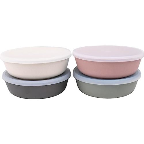WeeSprout Bamboo Kids Bowls with Lids, Set of Four 10 oz Kid-Sized Dinnerware, Cereal, Leftovers & Snack Bowl, Dishwasher Safe (Pink, Green, Gray, & Beige)
