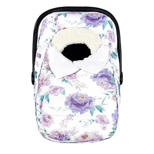 Baby Car Seat Cover Winter, Super Warm Baby Carseat Cover for Girl Boy, Plush Fleece Infant Car Seat Cover, Double Sides Zipper Carseat Canopy Covers, Purple Floral