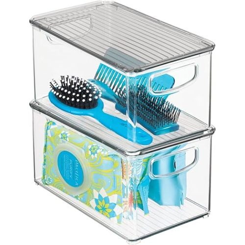 mDesign Deep Plastic Bathroom Storage Bin Box, Lid/Built-in Handles, Organization for Makeup, Hair Styling Tools, Toiletry Accessories in Cabinet, Shelves, Ligne Collection, 2 Pack, Clear/Smoke Gray