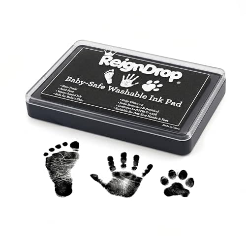 ReignDrop Baby Ink Pad for Hand and Footprints, Non-Toxic Acid-Free Keepsake Kit, Smudge-Proof Archival Ink Wipes Off Skin, for Scrapbook, Photo Album, Frames & Pet Paws, Baby Gift (Black)