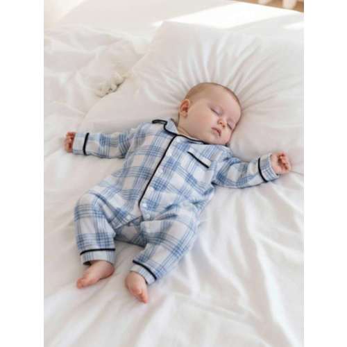 SHEIN Baby Boy Blue Plaid Comfortable Long Sleeve Jumpsuit Pajamas | SHEIN USA