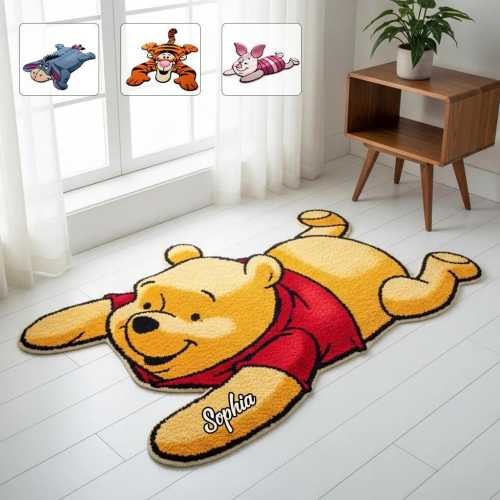Honey Bear and Friends Personalized Non-Slip Faux Fur Rug, Cartoon Furry Area Rug, Fluffy Mat for Yellow Bear Fan Gift ipatudsn20998