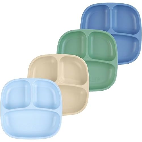 Re-Play Toddler Plates with Dividers - Deep-Walled 3 Compartments Divided Plates for Kids - Dishwasher & Microwave Safe - Made in USA - Set of 4-7.37" x 7.37" x 1.25" - Meadow