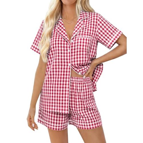 SWOMOG Women Plaid Pajama Set 100% Cotton 2 Piece Pjs Set Short Sleeve Gingham Shirts with Shorts Button Down Cute Loungewear