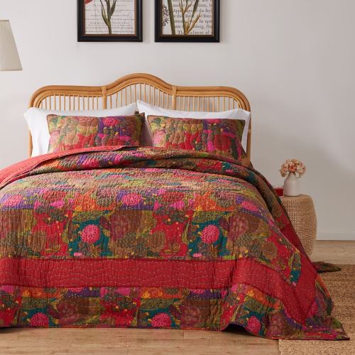 Greenland Home Fashions Jewel 100% Cotton Kantha-Style Boho Floral Quilt Set