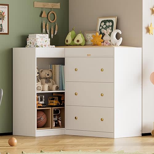 CASANOOKK Modern Nursery Changing Table Dresser,Corner Baby Dressing Table with 5 Drawers,2 Open Storage Racks,Multi Functional Diaper Changing Station for Children's Rooms,for The Nursery, White