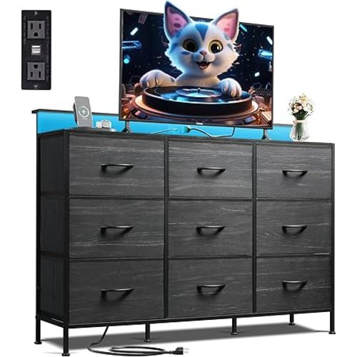 WLIVE Black TV Stand for 45, 50, 55 inch TV, Entertainment Center with LED Lights & Charging Station, TV Media Console Table with 9 Fabric Drawers and Open Shelves for Living Room, Hallway, Wood Top