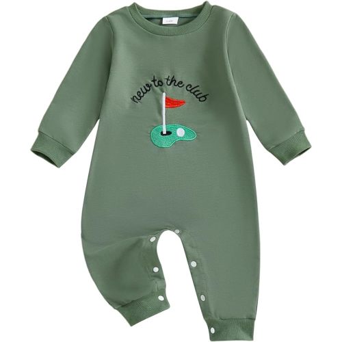 allshope Newborn Baby Boy Fall Outfit Romper Golf Court Embroidery Long Sleeve Jumpsuit Bodysuit Cute Infant Clothes
