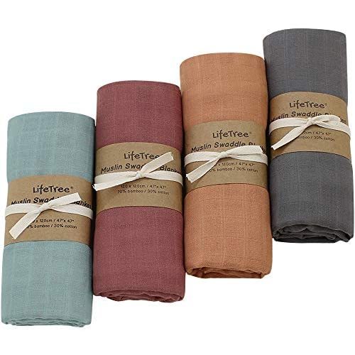 LifeTree 4 Pack Solid Swaddle Blankets, Soft Baby Muslin Receiving Blanket Wrap for Boys & Girls, Large 47 x 47 inches, Earthy Solid Color Baby Swaddling
