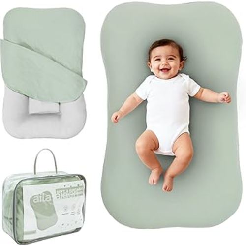 Aila + Aiden Baby Lounger | Organic Cotton Infant Lounger | Adjustable & Portable Floor Lounger | Supervised Use | Soft, Breathable, Washable Cover - Snuggle Collection - (Sage)