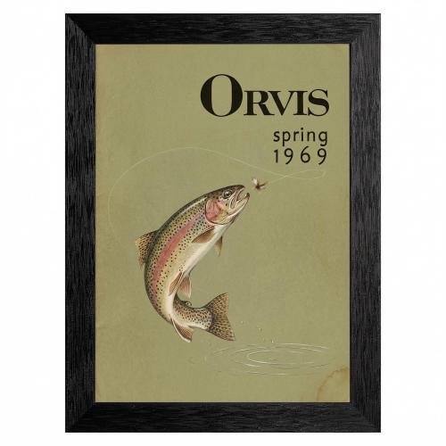 Vintage 1969 Rainbow Trout Watercolor Print, Textured Black Frame, Mid-Century Sporting Art