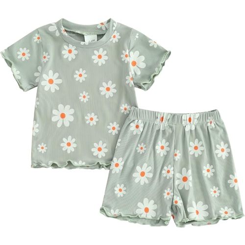 fhutpw Toddler Baby Girls Summer Outfits Daisy Ruffle Short Sleeve T-Shirts Tops Floral Shorts 2Pcs Clothes Set 6M-4T