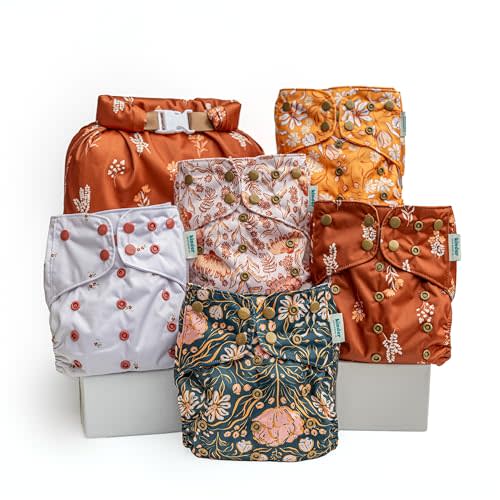 Kinder Cloth Diapers Reusable Baby Diapers Pocket Style Athletic Wicking Jersey, Wet Bag, Newborn to Potty Training 7-60lbs, One Size, Inserts NOT Included (Boho Florals, 5 Pack, Without Inserts)