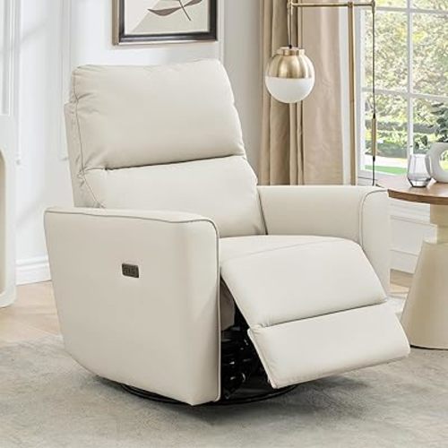 Power Recliner Chair Swivel Glider Faux Leather Upholstered Nursery Rocker Reclining Sofa Chair with Charging Port, Curved Armrests & Padded Backrest for Living Room and Bedroom(Power Beige)
