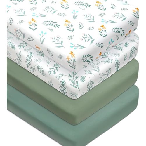 4 Pack Sage Green Fitted Nursery Sheets Breathable Neutral Unisex Baby Sheets for Boys or Girls with Leaf and Flower Design Standard Crib Sheet (Green, Crib Sheet)