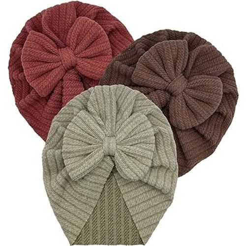 3 Pack Velvet Baby Turban Hats with Bow, Stretchy Baby Head Cover Beanies for Newborn, Toddler, Infant Head Wraps