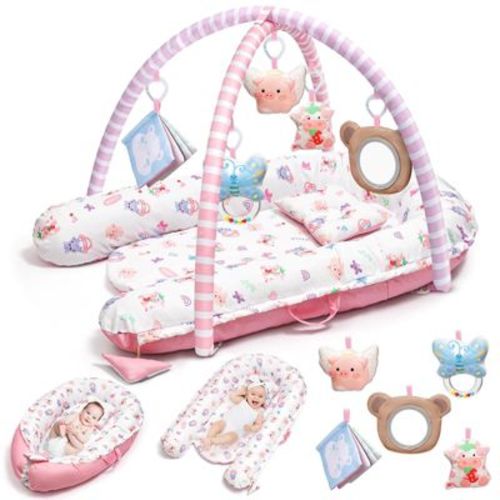 Angel Sar Pink Baby Play Mat, 7-in-1 Infant Gym Mat, Sensory and Motor Development, Newborn Tummy Time Activity Mat, Gift for Babies 0-18 Months