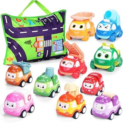 Toy Cars for 1 Year Old: 10 Pack Cute Vehicle with Playmat for 1 2 Year Old Boy Birthday Gift - Baby Toys 12-18 Months