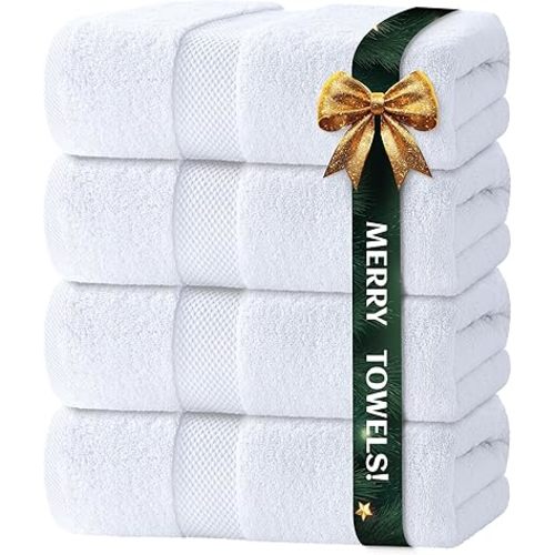 White Classic Luxury Bath Towels Set of 4 Large - 700 GSM Turkish Cotton Ultra Soft Bath Towels 27x54 | Highly Absorbent and Quick Dry | Hotel Towels for Bathroom Luxury, Plush Shower Towels, White