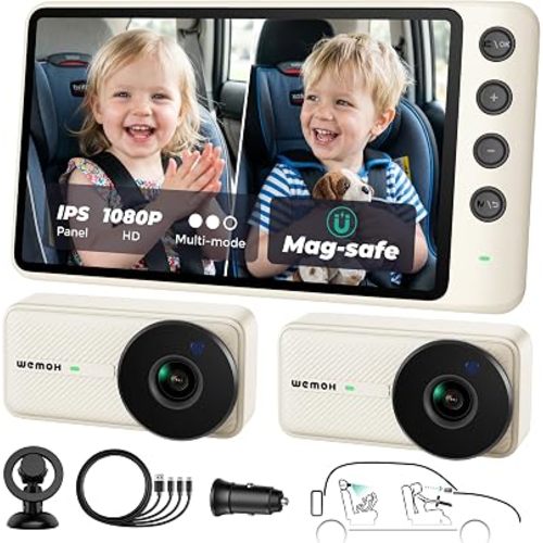 Magnetic Double Car Camera for 2 Baby with 1080P IPS Monitor, White