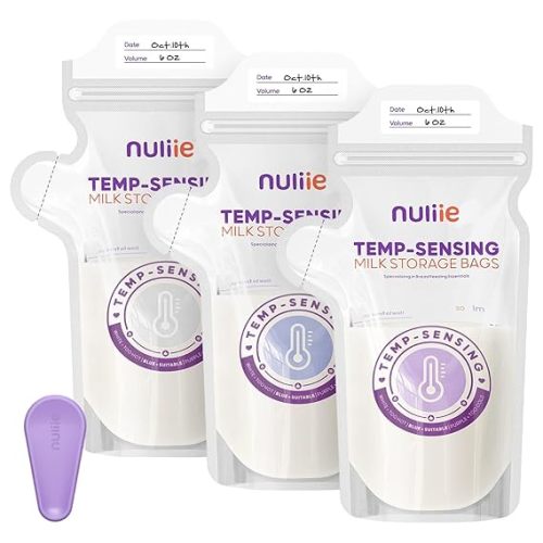 Nuliie 100pcs Temp-Sensing Breastmilk Storage Bag, Huge Temp-Sensing Icon & Locking Clamp, 6oz Breast Milk Storage Bags Freezer Pour Spout, Self Standing Milk Storage Bags Breastmilk, BPA-Free No-Leak