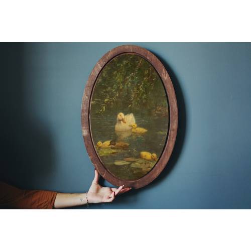 Duck and Ducklings Art,WallPlaque,Gift For Mom,Vintage Animal Wall Art,Family Painting,Oval Wall Decor,Mother Duck,Wall Decor,Christmas Gift
