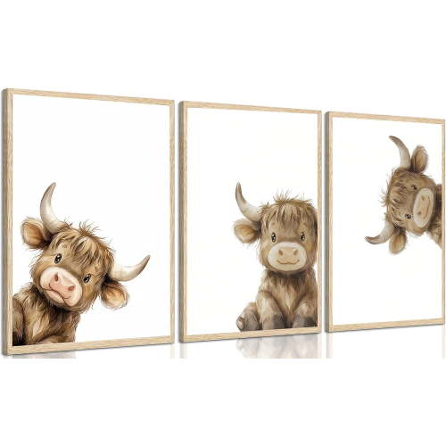 3pcs Nursery Highland Cow Wall Art Cow Baby Painting Picture Wall Decor Farmhouse Cute Animal Posters Prints Artwork for Nursery Children's Room Bathroom Home Decoration Unframed