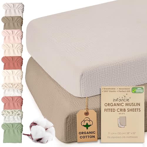 100% Organic Cotton Muslin Crib Sheets (Set of 2) – Soft & Breathable Fitted Sheets for Boys and Girls, Neutral Colors – Fits Standard Baby Crib Mattress (28 x 52 Inches) Olive/Ivory